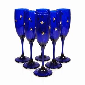 Vtg 90s Libbey Glass Cobalt Blue Celestial Stars Champagne Flutes 9" Set of 6